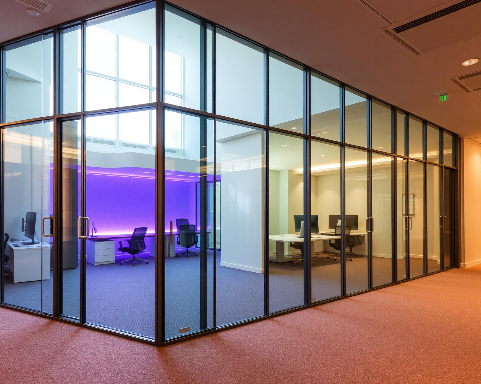 Modern corporate office with frameless glass office fronts